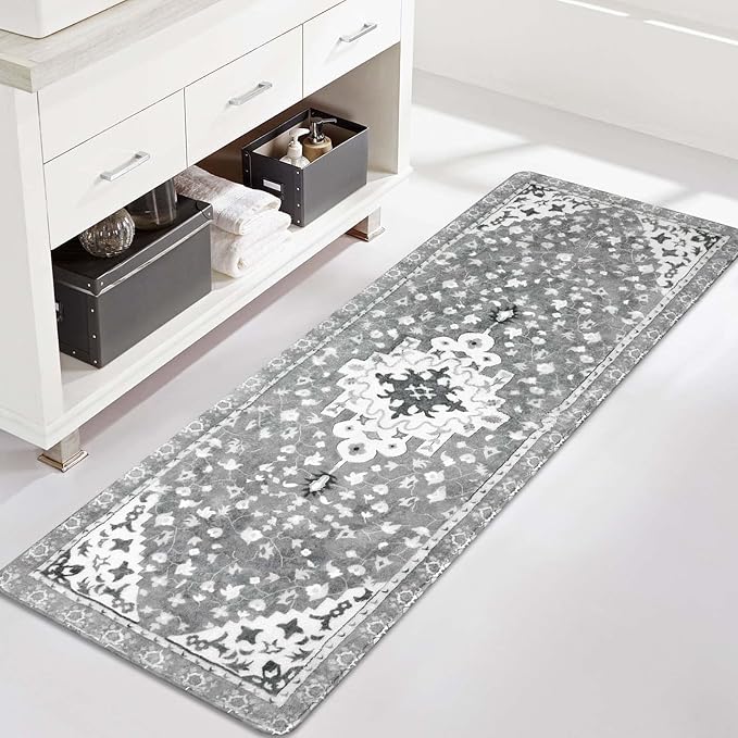 Uphome Boho Vintage Bathroom Rug Runner Gray Non-Slip Soft Long Bath Mat Machine Washable Oriental Bathroom Mats Traditional Tribal Floral Bath Rugs for Sink Shower Tub, 20x59 inch