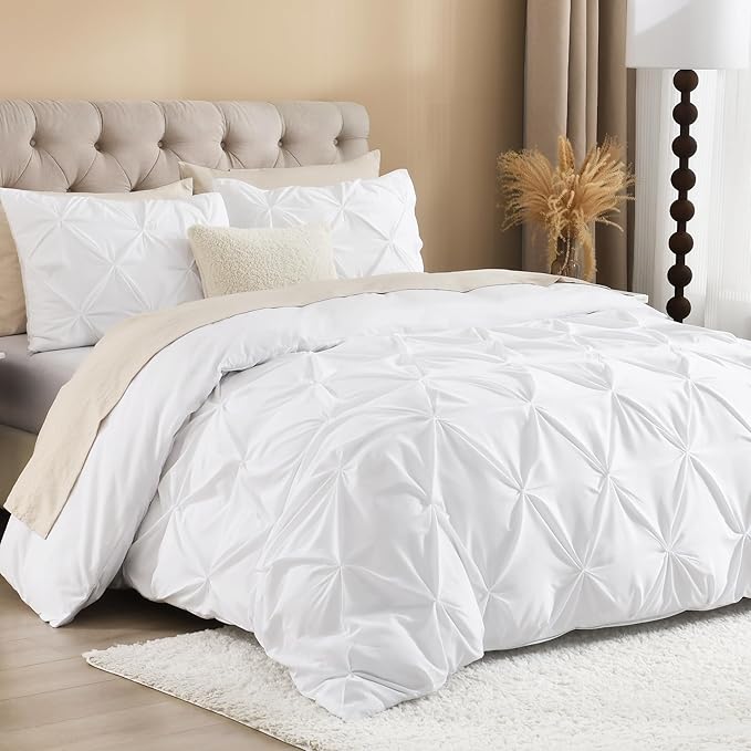 Litanika White Oversized King Pinch Pleat Duvet Cover, 3 Pieces Pintuck Cover Soft Microfiber Bedding Set with Zipper Closure & Corner Ties(1 Duvet Cover, 2 Pillowcases)