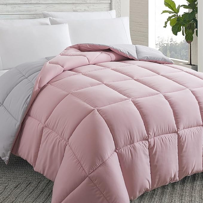 Cosybay Down Alternative Comforter (Pink/Light Grey, Full) - All Season Soft Quilted Full Size Bed Comforter - Duvet Insert with Corner Tabs - Winter Summer Warm Fluffy, 82x86inches