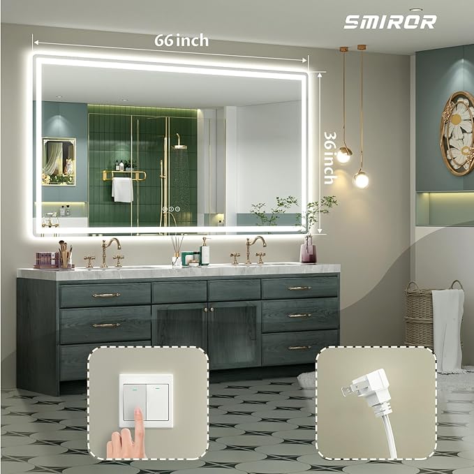 SMIROR LED Bathroom Mirror with Lights 66"x 36", Rounded Rectangle Lighted Vanity Mirror for Wall, Front Lit and Backlit, 3 Colors, Dimmable, Anti-Fog, Tempered Glass (Horizontally/Vertically)