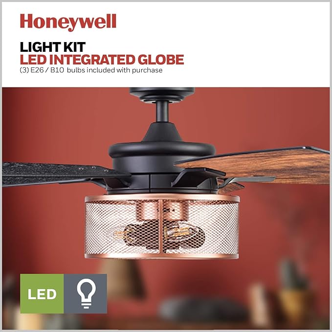 Honeywell Ceiling Fans Carnegie Industrial 52 Inch Ceiling Fan with Light, Remote Control Fan, LED Indoor Fan with 5 Blades, Black Oak and Brown Mopane Blade Finish Options, Copper (51459-01)