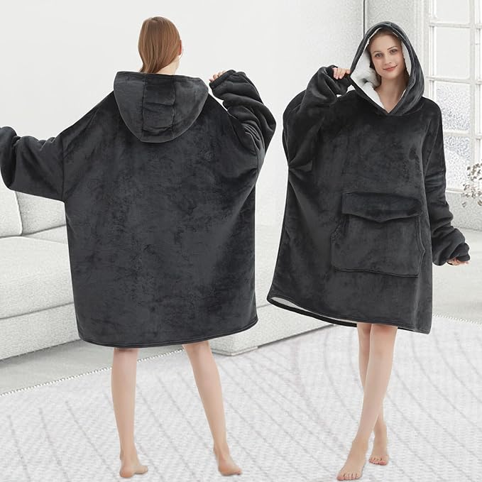 Wearable Blanket Hoodie for Adult,Oversized Sherpa Fleece Blanket Hoodie for Women Men,Grey