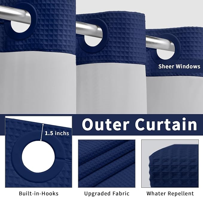 YellyHommy No Hook Shower Curtain and Liner Set Less Time Waffle Cotton Hotel Shower Curtain with Snap in Liner 72" Wx 75" L Blue
