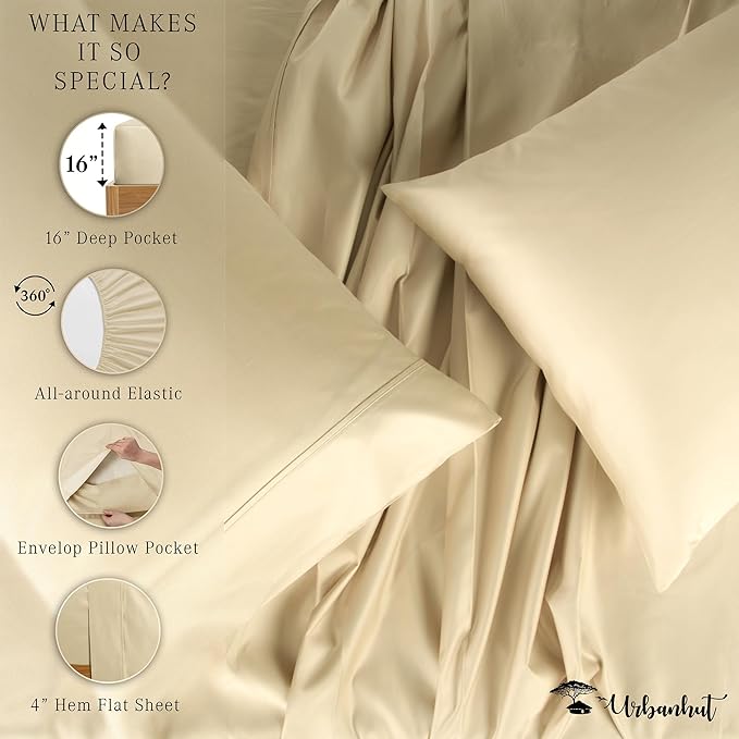 URBANHUT 1000 Thread Count King Size Egyptian Cotton Sheets, Long Staple Soft & Breathable for King Size Bedding, 4 Pc Bed Sheet Sets, Luxury Hotel Sateen Sheets Fits 16" Deep Pocket - Sand