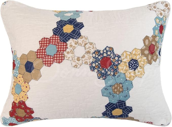Donna Sharp Prairie Cotton Quilted Bedding Set - 3-Piece Queen Size Cotton Quilt Set - Includes 1 Floral Garden Hexagon Quilt and 2 Pillow Shams - Machine Washable