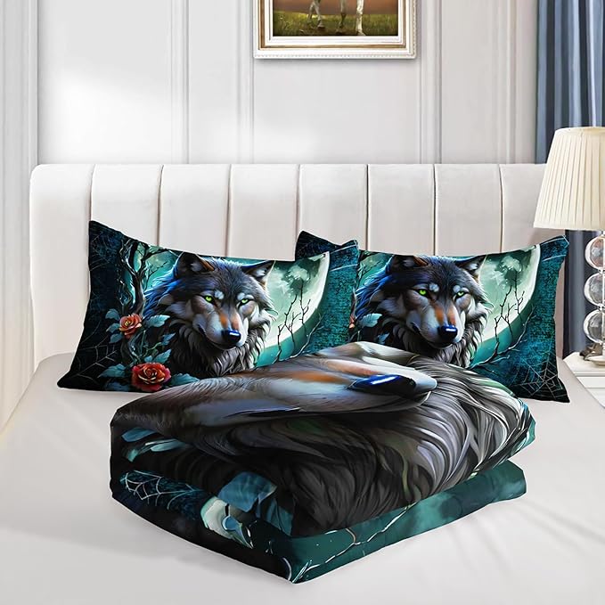 Wildlife Themed Bedding Wolf Comforter Set,Spooky Spider Web Vine Print Comforter King Kids Bed in a Bag,Moonlight Aesthetic Bedding Sets for Boys Teens Room Decor with 2 Pillowcases.