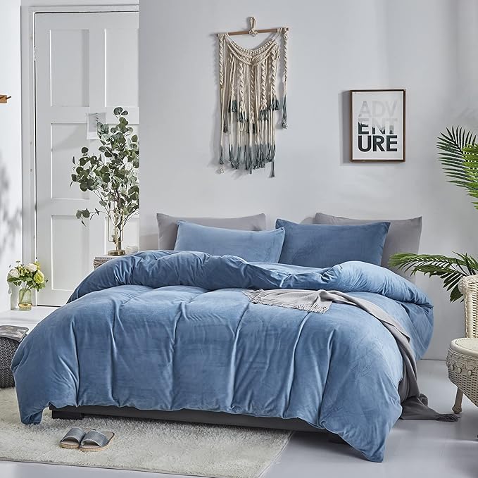 Cottonight Blue Velvet Comforter Full Size Bright Flannel Bedding Plain Lake Blue Winter Quilts Modern Heavyweight Warm 3 Piece Comforter Set for Full Bed