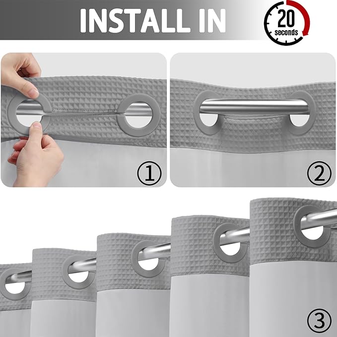 YellyHommy No Hook Shower Curtain and Liner Set Less Time Dark Grey Waffle Cotton Hotel Shower Curtain with Snap in Liner 72" Wx 75" L