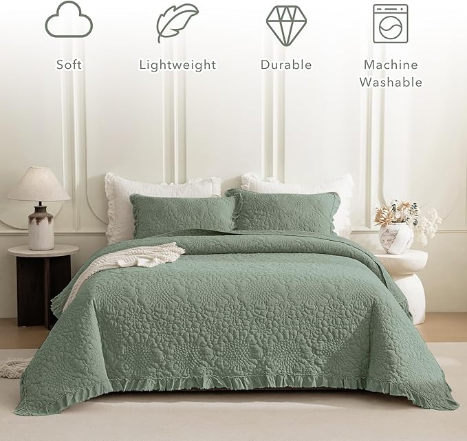 QSH 3PCs Olive Green Ruffled Quilt Queen Size (90"x98"),Stonewashed Cotton Quilt Set,Ultra Soft Lightweight Crinkled Bedspread Coverlet Queen Shabby Farmhouse Bedspreads Bedding Set with Pillow Shams