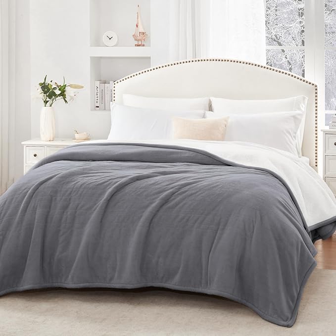 SEALY Electric Blanket Full Size, Heated Blanket Flannel & Sherpa with 10 Heating Levels & 1-12 Hours Auto Shut Off, Fast Heating Warming Blanket, Machine Washable, Light Grey, 80 x 84 Inch