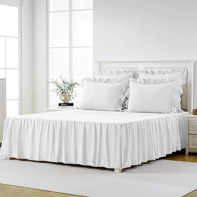 Twin Size 21" Drop - White Lightweight Cotton Bed Skirt with Crochet Edge - Dust Ruffle with Split Corner - Soft, Elegant, Breathable Bedding Accessory
