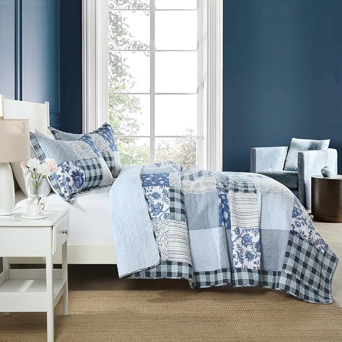 Cotton Bedspread Quilt Bedding Sets 3 Pieces Reversible Coverlet Sets Comforters Rustic Floral Patchwork Blue White Bedspread, Queen Size