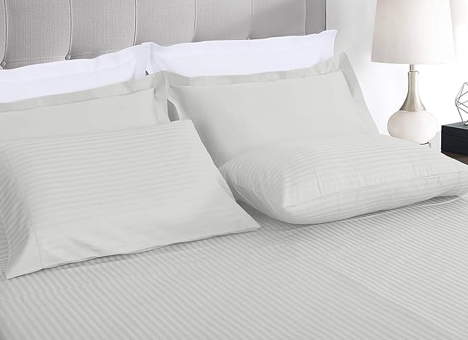 Threadmill 100% Cotton Sheets for Queen Size Bed - 600 Thread Count Queen Bed Sheets Set with 16” Deep Pocket - Damask Stripe Sateen Weave 4-Piece Bedding Set with Cooling Effect, Light Grey