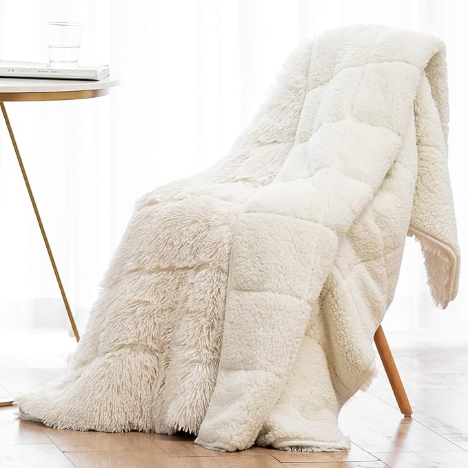 Wemore Shaggy Long Fur Faux Fur Weighted Blanket, Cozy and Fluffy Plush Sherpa Long Hair Blanket for Adult 15lbs, Fluffy Fuzzy Sherpa Reverse Heavy Blankets for Bed, Couch, Cream White, 60 x 80 Inches
