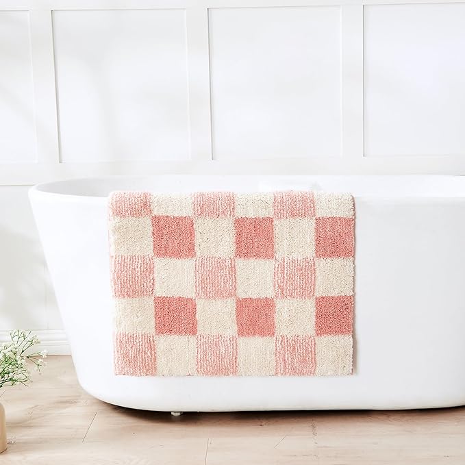 CozeCube Bath mats for Bathroom Non Slip, Fluffy Absorbent Microfiber Bath mat Washable, Aesthetic Bathroom Rugs, Long Blossom Pink Checkered Bath mat, Blossom Pink, 47" x 24"