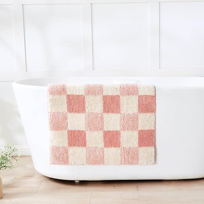 CozeCube Bath mats for Bathroom Non Slip, Fluffy Absorbent Microfiber Bath mat Washable, Aesthetic Bathroom Rugs, Large Blossom Pink Checkered Bath mat, Blossom Pink, 36" x 24"