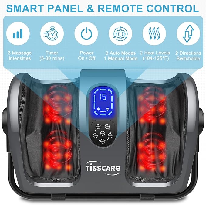 TISSCARE Foot Massager with Heat, Shiatsu Foot Massager for Plantar Fasciitis, Neuropathy, Circulation and Pain Relief, Remote Control, Deep Kneading, Gifts for Women Men Mom Dad