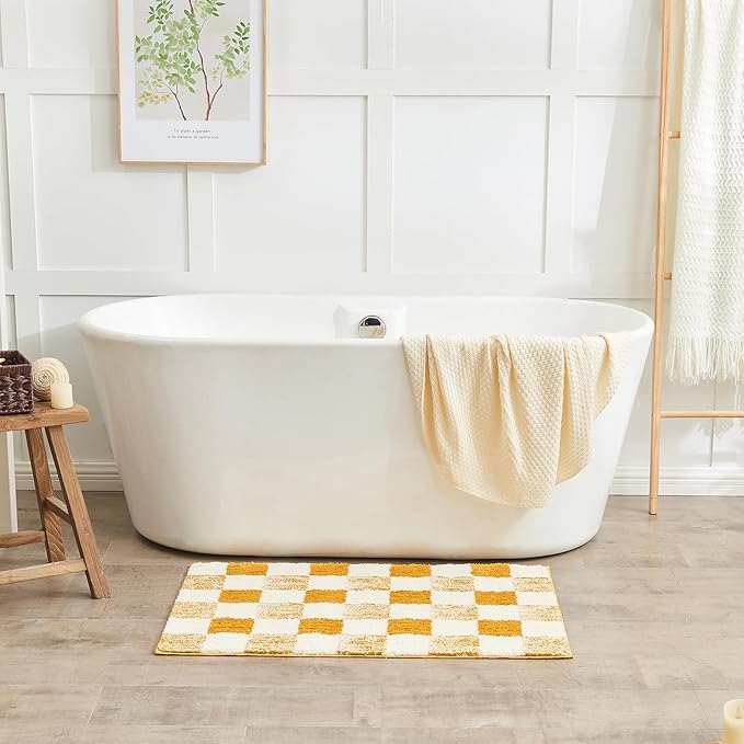CozeCube Bath mats for Bathroom Non Slip, Fluffy Absorbent Microfiber Bath mat Washable, Aesthetic Bathroom Rugs, Long Harvest Gold Checkered Bath mat, Harvest Gold, 47" x 24"