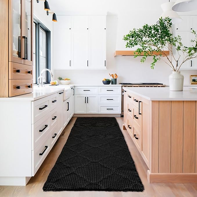 ZALL Black Waffle Bath Mat,Super Absorbent Non Slip Bathroom Rug,Brown 24X72 inch, Geometric Diamond Machine Washable Ultra Soft Floor Mats