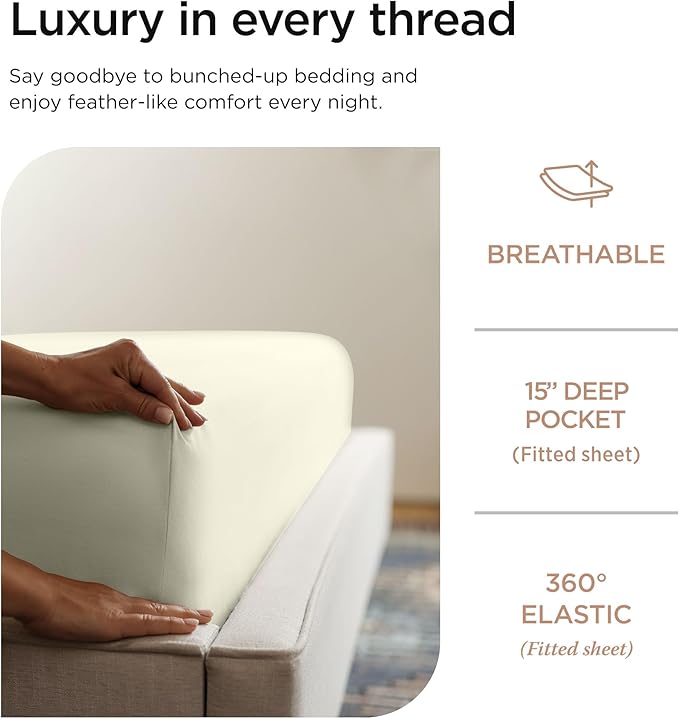 Threadmill 100% Cotton Sheets for Twin XL Size Bed - 600 Thread Count Twin XL Bed Sheets Set with 15” Deep Pocket - Sateen Weave 3-Piece Bedding Set with Cooling Effect, Ivory