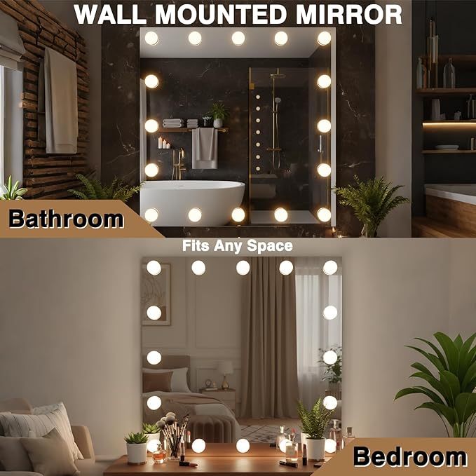 40x32 Hollywood Bathroom Mirror with LED Bulbs, 3 Colors Modes, Dimmable CRI90+ Lights Mirror, Fog Free Mirror, Shatter-Proof, Corrosion Resistant, Memory Function, Touch Control, Wall Mounted
