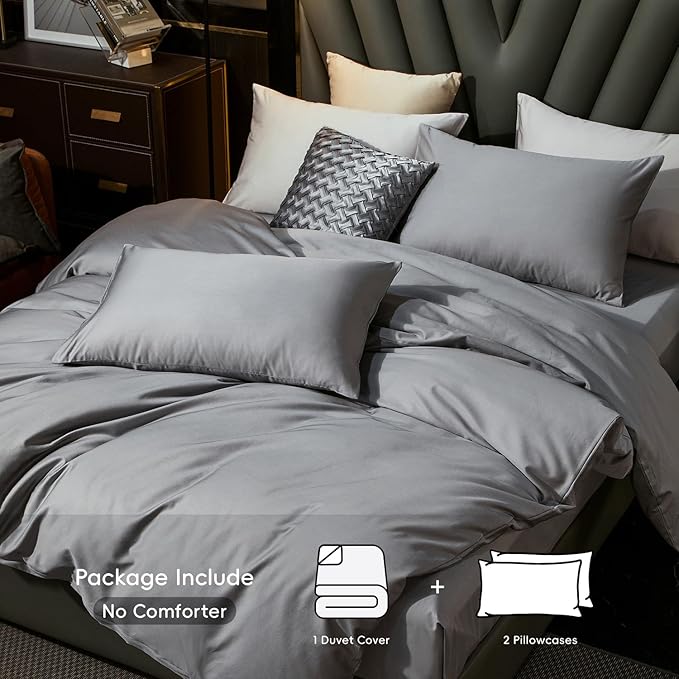 MooMee Duvet Cover Set 100% Extra Long Staple Cotton 600 Thread Count Silky Sateen Smooth Luxury Soft Breathable Durable Hotel Quality Bedding, 3 Pieces (Light Gray, King 104"x90")