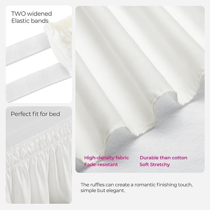 RIMELA Dorm Bed Skirt Twin XL 42 Inch Drop, Easy to Install Extra Long Wrap Around Elastic Dust Ruffle, Warm White Bedskirt Solid Silky Fabric Machine Washable (Twin XL 80“L x 39”W & Twin 75“L x 39”W)