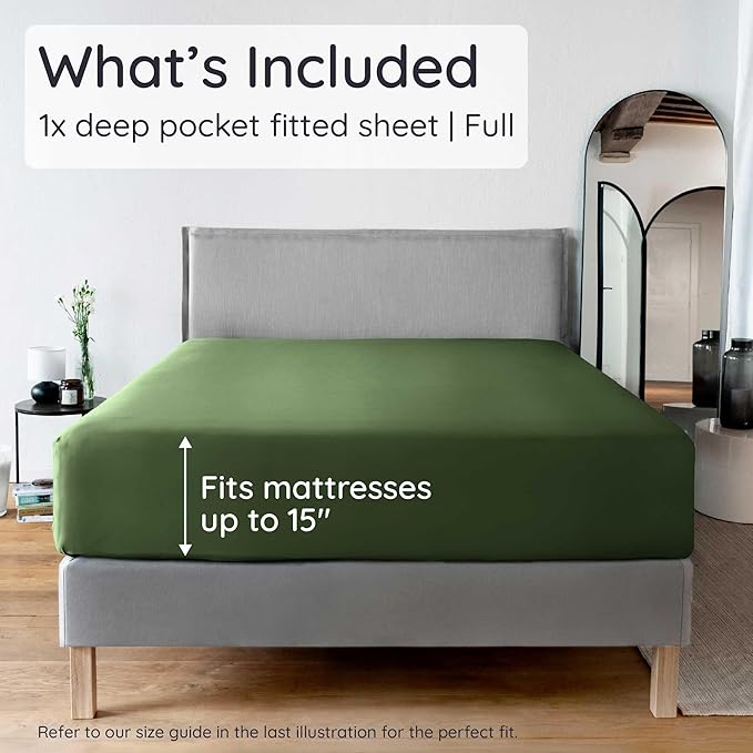 Bambaw Full Fitted Sheet Only, 100% Viscose Derived from Bamboo Fitted Sheet Full Size with Corner Straps, Cooling & Soft (Olive)