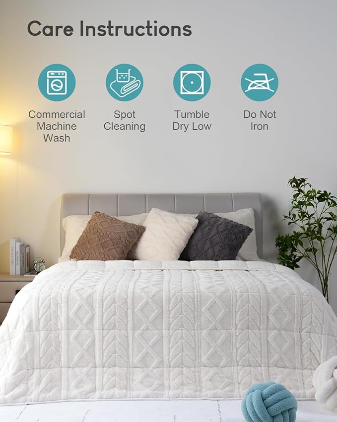 Cottonblue Jacquard Weighted Blanket 15lbs for Adults Queen Size, Ultra Soft Cozy Comfort Sherpa Blanket for Relax and Sleep, Heavy Bed Blankets with Cemaric Beads, 60x80 Inches, Cream White
