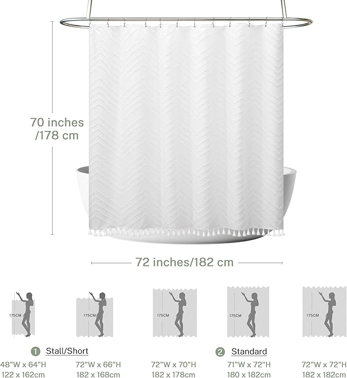 Boho Woven Fabric Shower Curtain - White Tassel, 72 x 70, Modern Farmhouse Textured Tufted Chevron Striped Minimalist