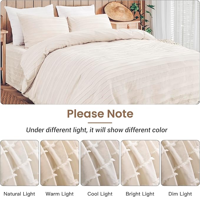 NEXHOME PRO Duvet Cover Queen Size, Light Khaki 3 Pieces Boho Tufted Duvet Cover Set, Soft and Lightweight Microfiber Comforter Cover Set for All Season (Light Khaki, 90 x 90)-No Comforter