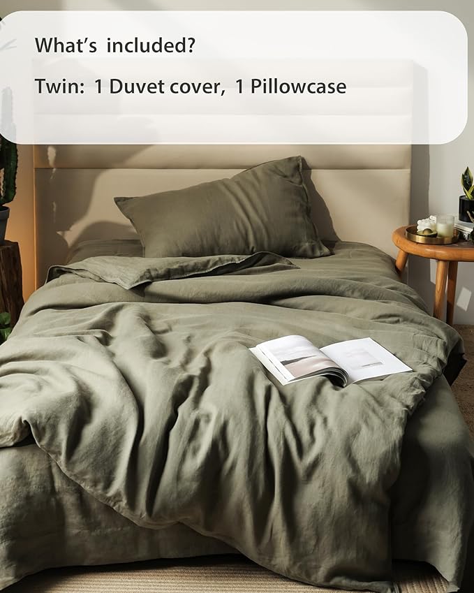 XZ XIFA Olive Green Linen Duvet Cover Twin, 100% Washed French Flax Linen Bedding Set with Zipper Closure, Cooling & Textured Bed Sets for Hot Sleepers(1 Duvet Cover, 1 Pillowcases)