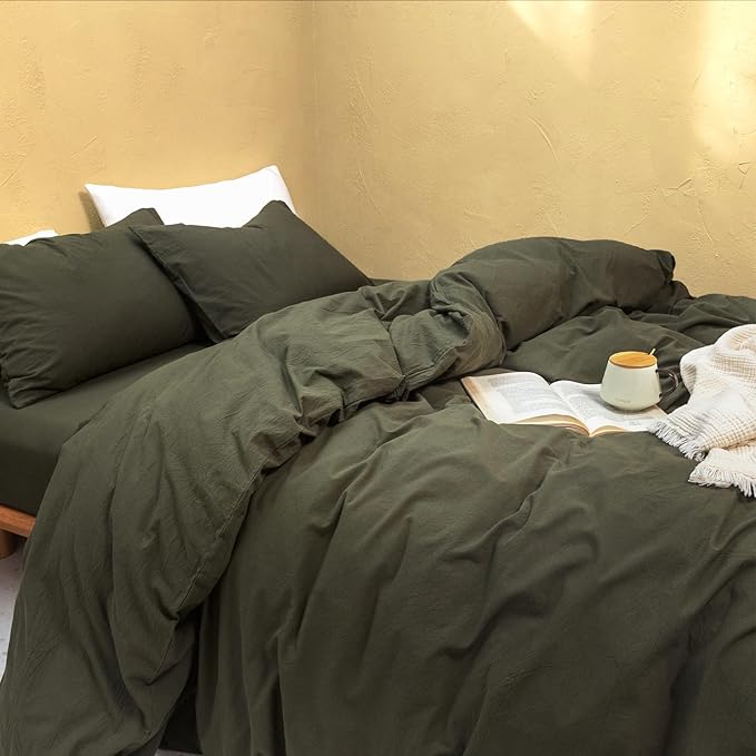 FOSSA Duvet Cover Set 100% Washed Cotton Linen Feel Super Soft Breathable Cozy 3 Pieces Bedding Sets Solid Olive Green King