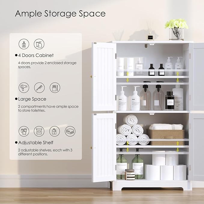 Bathroom Floor Storage Cabinet, 44.5" Freestanding Bathroom Cabinet with 4 Doors and Adjustable Shelves Modern Cupboard for Entryway, Living Room, Kitchen (White)