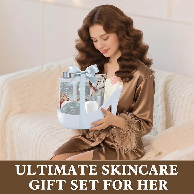 Tropical Coconut Christmas Gifts for Women Spa Basket, High Heel Bath Set with Shea Butter & Exotic Oils, Mother's Day Gifts for Mom, Her, Wife