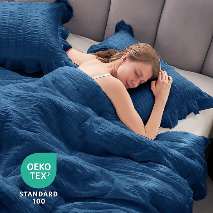 JOLLYVOGUE Teal Comforter Full Size, 3 Pieces Seersucker Lightweight Full Size Bedding, All Season Fluffy Microfiber Bedding Comforter Set with 1 Ruffle Comforter and 2 Ruffle Pillowshams
