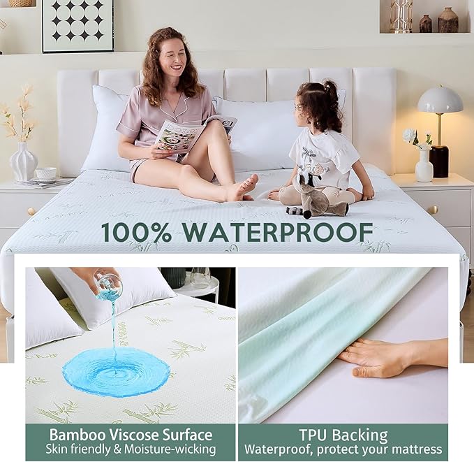 MUXHOMO 2 Pack Queen Mattress Protector, 100% Waterproof Mattress Cover Queen Size Bed, Cooling and Breathable Bed Pad Cover, Deep Pocket 8"-21"