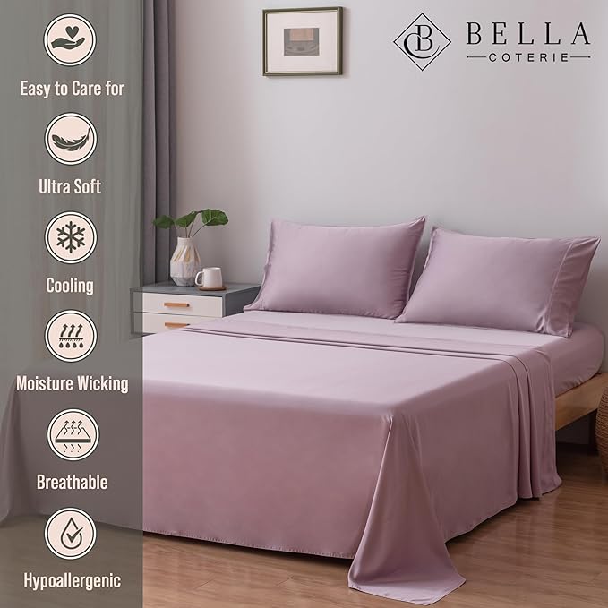 Bella Coterie Luxury Bamboo Viscose Cal King Size Sheet Set | 100% Organically Grown | Ultra Soft | Cooling for Hot Sleepers | 18" Deep Pocket [Lilac]