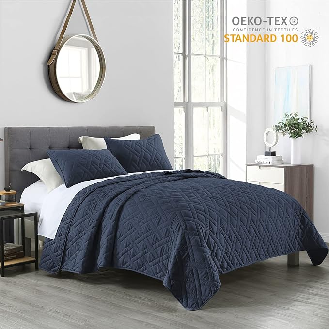 HORIMOTE HOME Quilt Set King Size Navy Blue, Classic Geometric Diamond Stitched Pattern, Ultra Soft Lightweight Bedspread Coverlet for All Season 3 Pieces(1 Quilt and 2 Pillow Shams)
