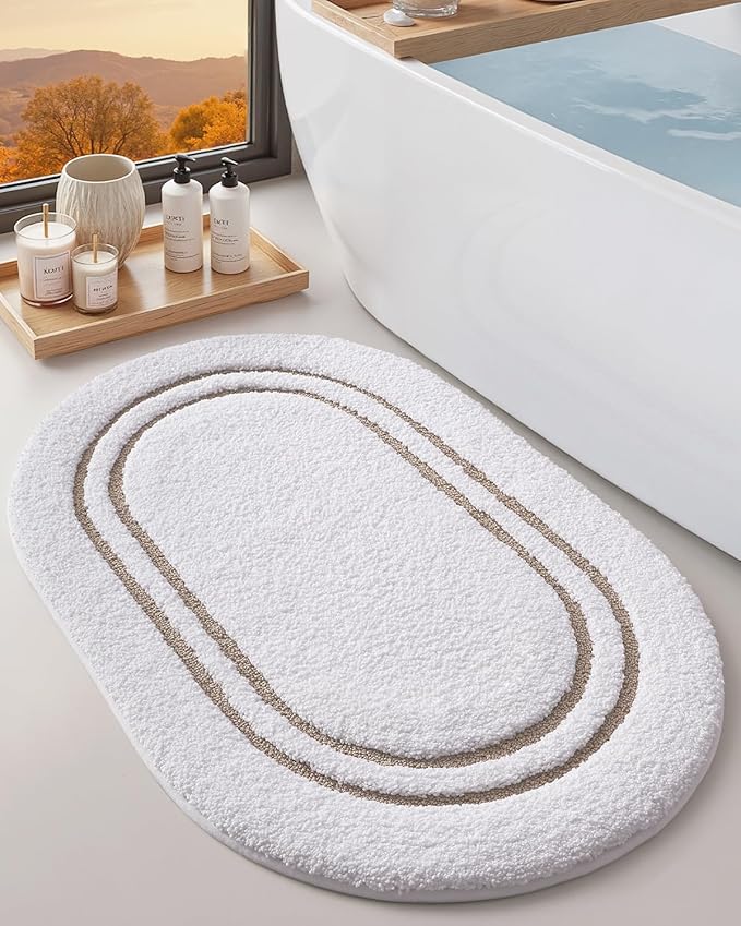DEXI Oval Bath Mats for Bathroom, 17x30 Absorbent Bath Mat, Washable Microfiber Bathroom Rug with Non Slip Backing for Shower Floor, Beige