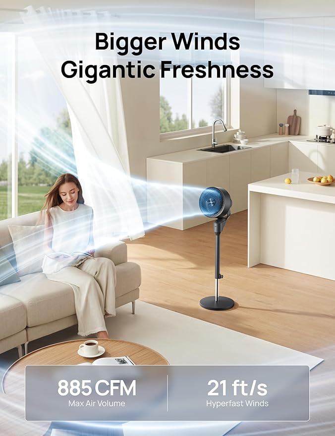 Dreo Fan for Bedroom, 80° Oscillating Standing Fan, 25dB Quiet, 80ft Pedestal Fans for Home Office, 90° Manual Vertical, 3 Speeds, Remote, 34-41" Adjustable Height, Air Circulator