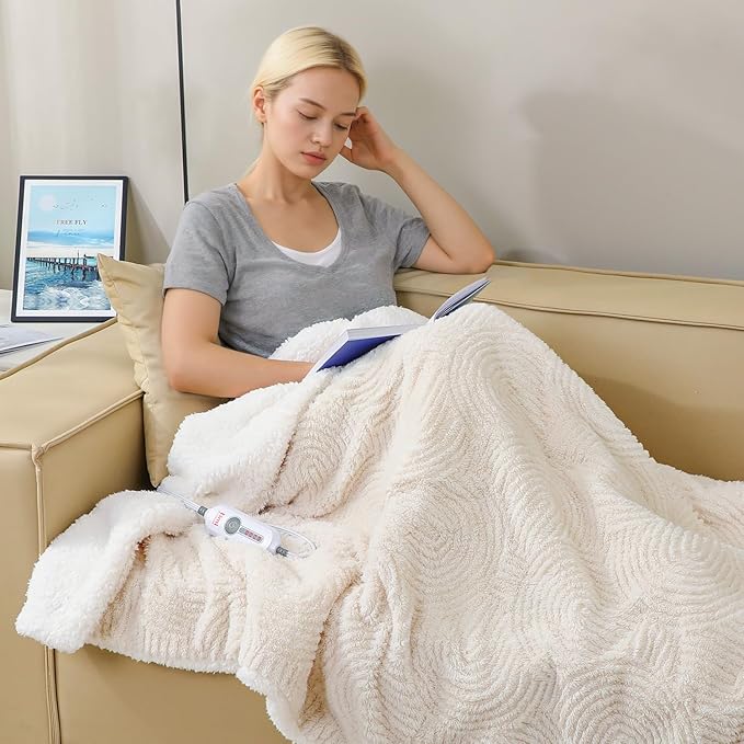Heated Blanket Twin Size- 62"x84" Cozy Soft Jacquard Heating Blanket with 4 Heat Levels & 4 Hours Auto-Off, Jacquard Fleece, Overheating Protection, Warm Gifts, Cream