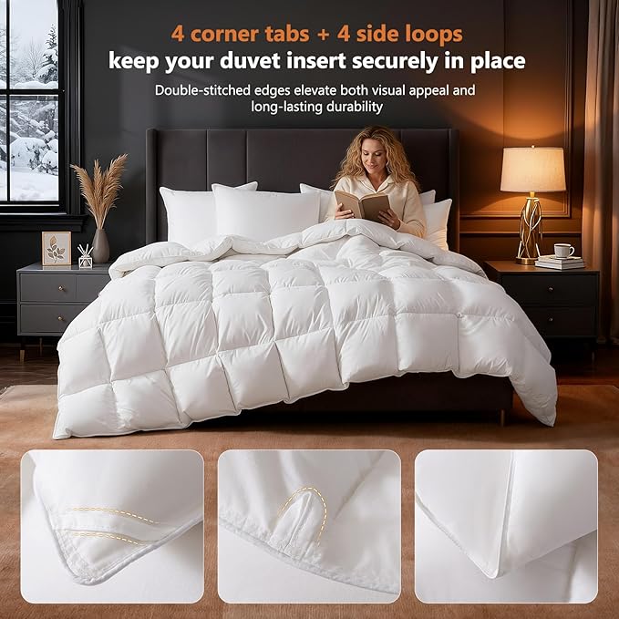 DROVAN Goose Feather Down Fiber Comforter Queen Size - 100% Cotton Duvet Insert with 8 Corner Loops - Luxurious All-Season Hotel Collection, 90x90 Inch
