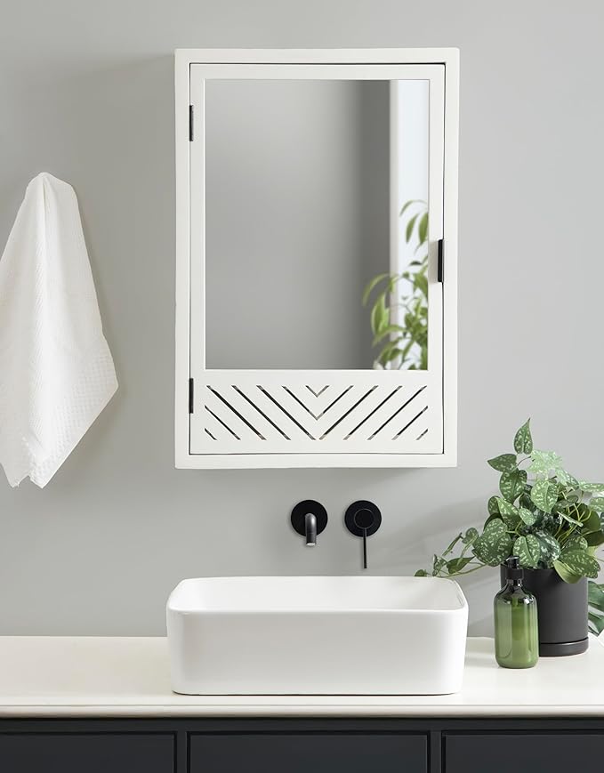 Kate and Laurel Mezzeta Decorative Modern Rectangle Bathroom Cabinet with Mirror, 20 x 5 x 30, White, Wooden Bathroom Mirror with Storage for Bath Medicine Cabinet or Over-The-Toilet Storage Option