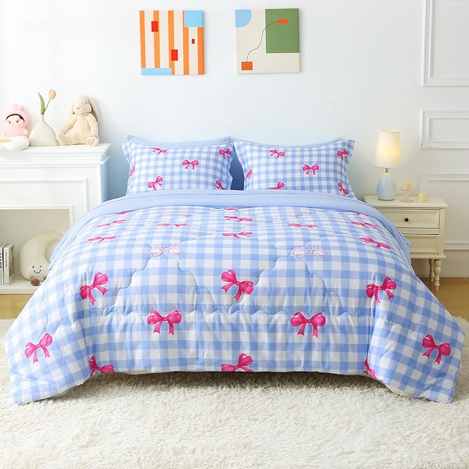 Wajade Bow Comforter Set 7 Piece Blue White Plaid Comforter Sets for Girls Kids Twin Size Checkered Bedding Set with Sheet and 2 Pillowcases 2 Pillow Shams Cute Girls Bed in a Bag as Birthday Choice
