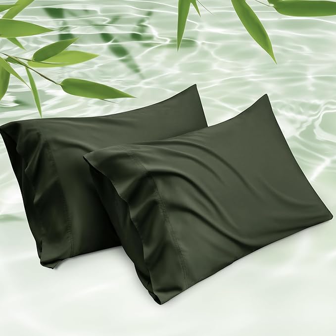 Bedsure King Size Pillow Cases Set of 2, Cooling Pillow Cases King, Rayon Derived from Bamboo Olive Green Pillowcases, Breathable & Silky Soft Bedding Pillow Cover with Envelope Closure, 20x36 Inches