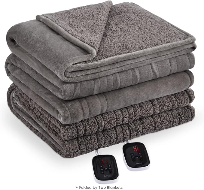 Bearhug Electric Blanket Queen Size 84" x 90", Dual Controllers Heated Blanket, Velvet & Sherpa, 10-Heating Level & 1-12H Auto Off, Taupe, Over-Heat Protect, ETL, Machine Washable