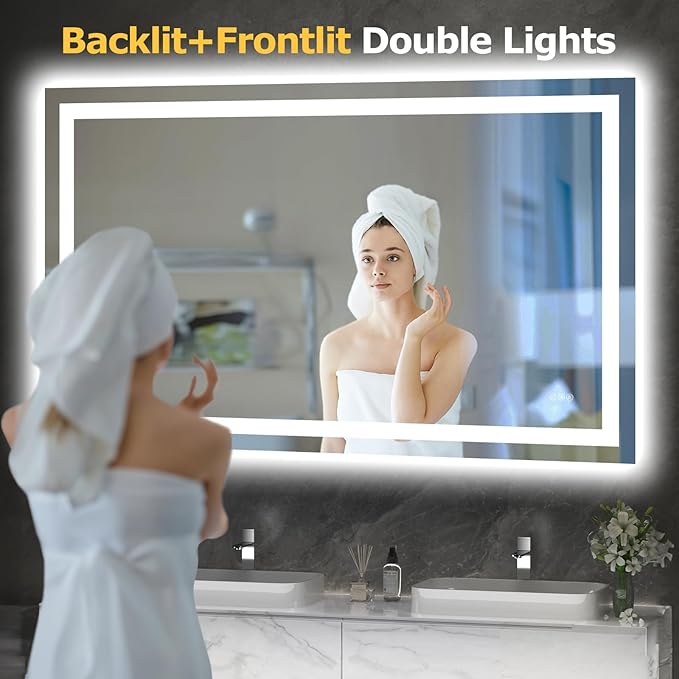 60X36 LED Bathroom Mirror with Lights, Anti-Fog, Dimmable, Backlit + Front Lit, Smart Bathroom Vanity Mirror, Memory Function, Shatterproof, Tempered Glass (Horizontal/Vertical)