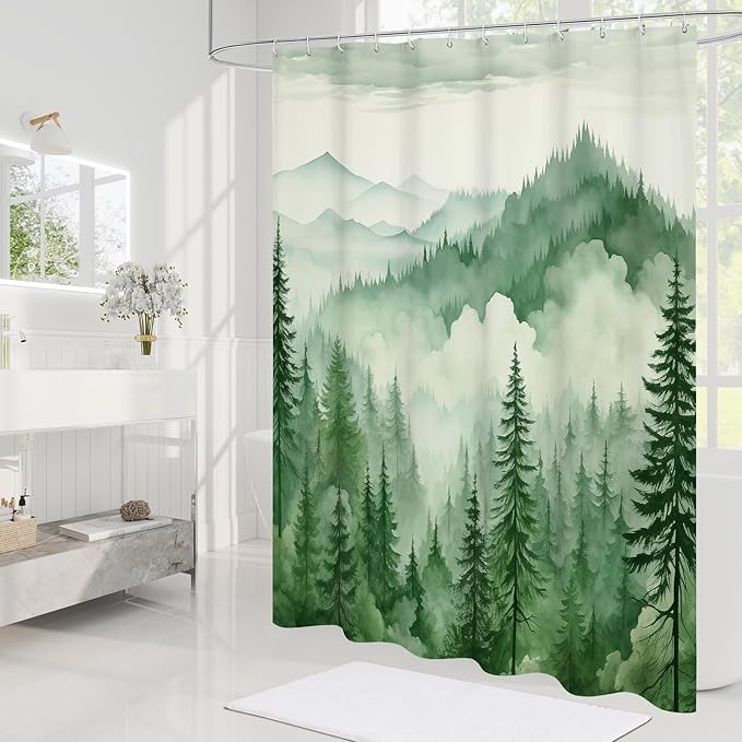 Green Small Stall Misty Pine Forest Shower Curtain 36 x 72, Mountain Foggy Woodland Scenery Tree Narrow Half Size Shower Curtains for Bathroom, Abstract Waterproof Nature-Themed Decor