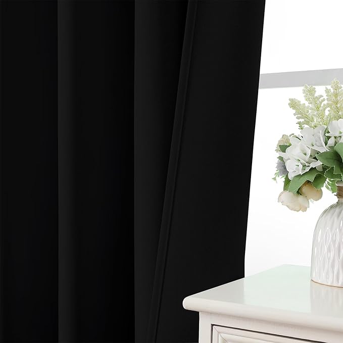 CUCRAF Black Blackout Curtains 90 inch Length 2 Panels Set, Rod Pocket Room Darkening Drapes for Bedroom Living Room, Insulated Thermal Light Blocking Window Curtain (W52 x L90 Inch)